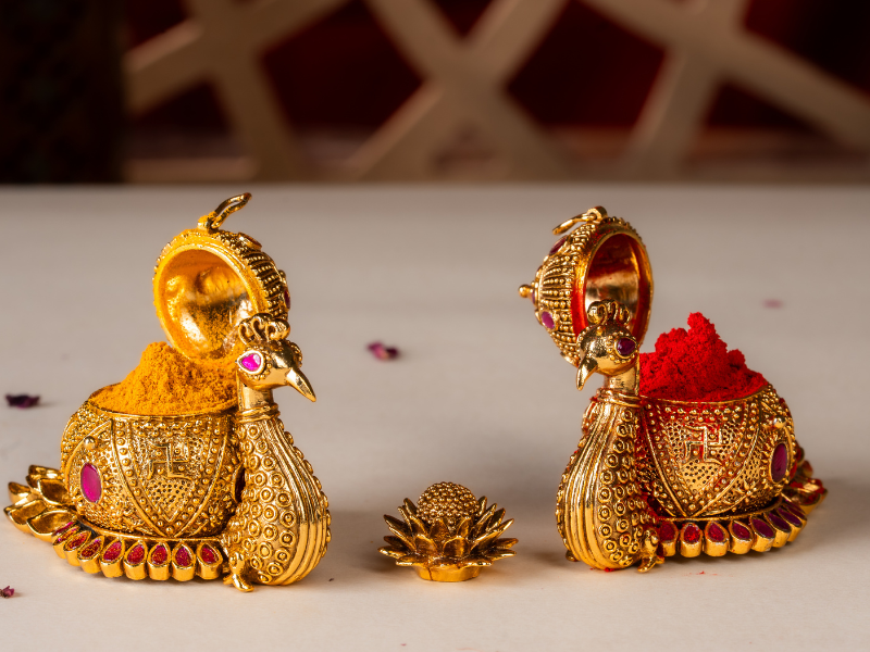 Handmade Enamel gold-plated Brass Peacock Kumkum Box. Small Box