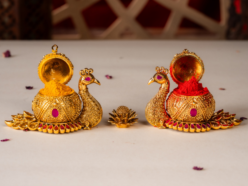 Handmade Enamel gold-plated Brass Peacock Kumkum Box. Small Box