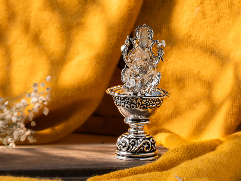 Silver oxidised Brass Ganesh Diya. Medium Diya