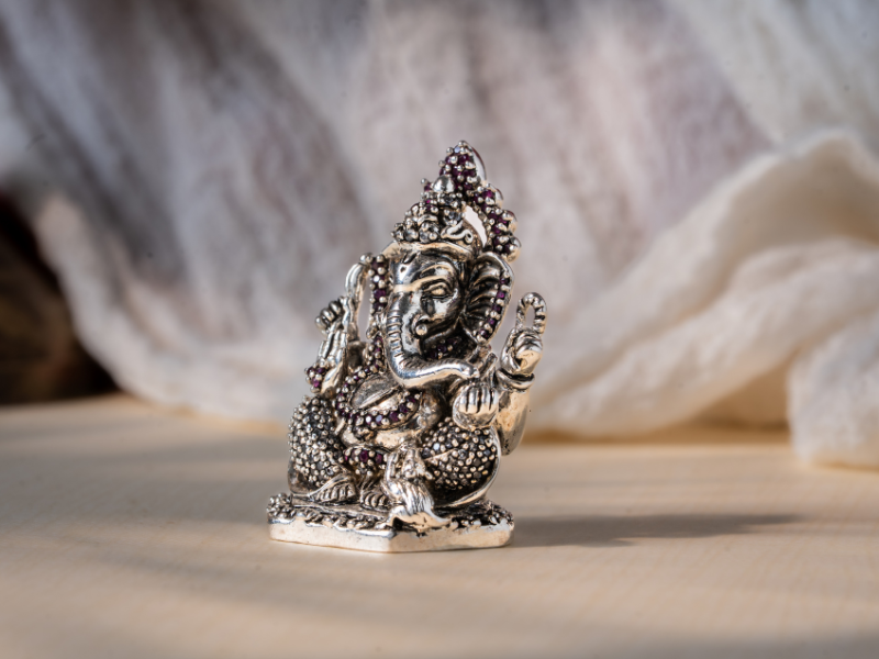 Silver Oxidised Brass Ganesh Idol holding Modak. Small Statue.