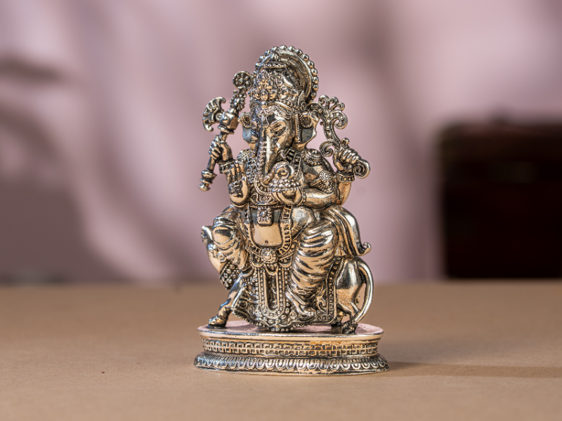 Silver Oxidised Brass Ganesh Idol sitting with Mushak. Medium Statue