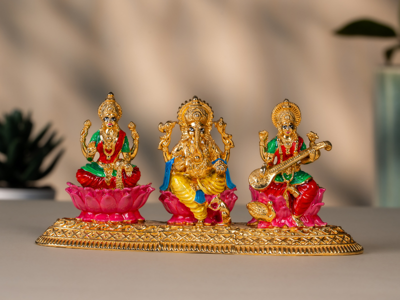 Handmade Enamel gold plated Brass Lakshmi Ganesh Saraswati Showpiece. Medium Statue