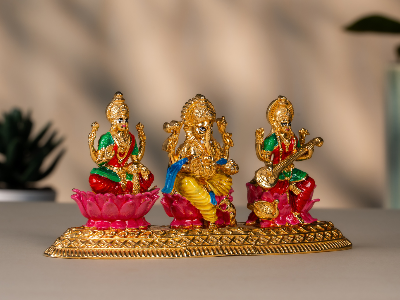 Handmade Enamel gold plated Brass Lakshmi Ganesh Saraswati Showpiece. Medium Statue