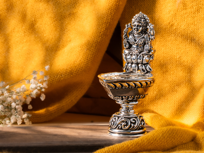 Silver oxidised Brass Lakshmi Diya. Medium Diya