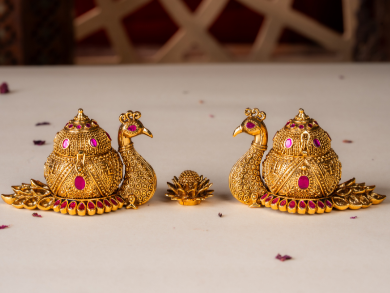 Handmade Enamel gold-plated Brass Peacock Kumkum Box. Small Box