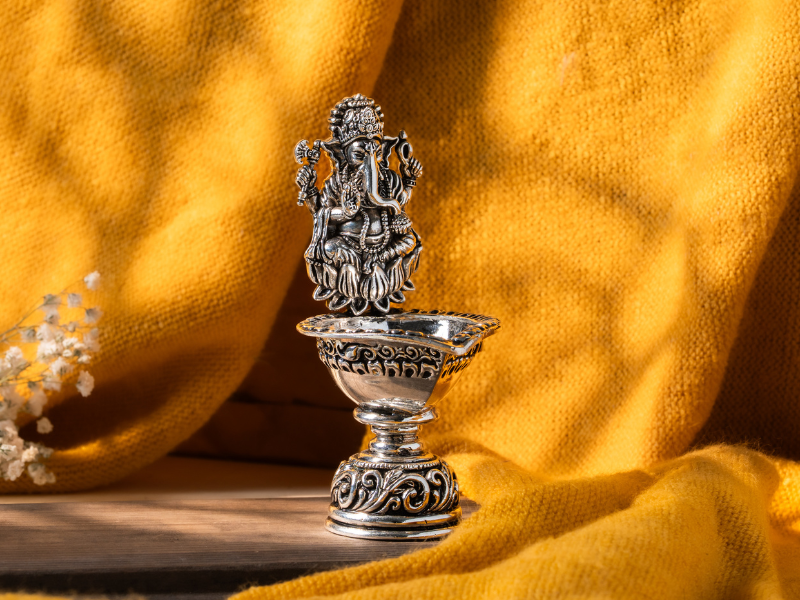 Silver oxidised Brass Ganesh Diya. Medium Diya