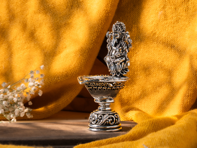 Silver oxidised Brass Ganesh Diya. Medium Diya