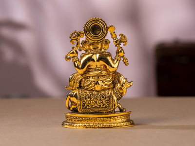 Antique plated Brass Ganesh Idol sitting with Mushak. Medium Statue