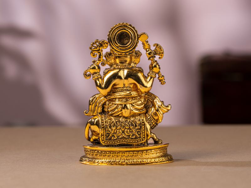 Antique plated Brass Ganesh Idol sitting with Mushak. Medium Statue