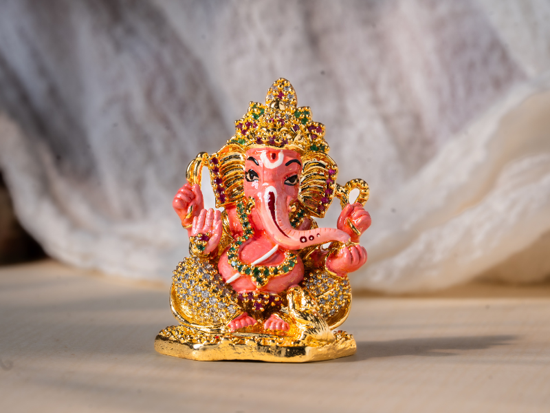 Handmade Enamel gold-plated Brass Ganesh Idol holding Modak. Small Statue.