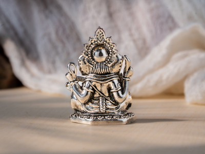 Silver Oxidised Brass Ganesh Idol holding Modak. Small Statue.