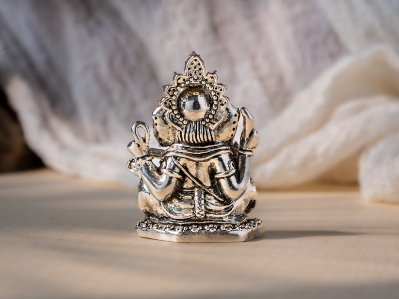 Silver Oxidised Brass Ganesh Idol holding Modak. Small Statue.
