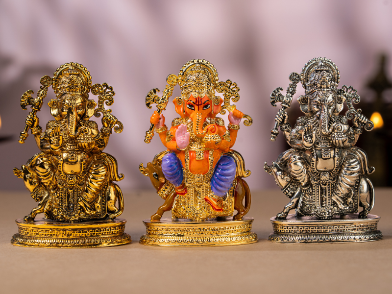 Antique plated Brass Ganesh Idol sitting with Mushak. Medium Statue