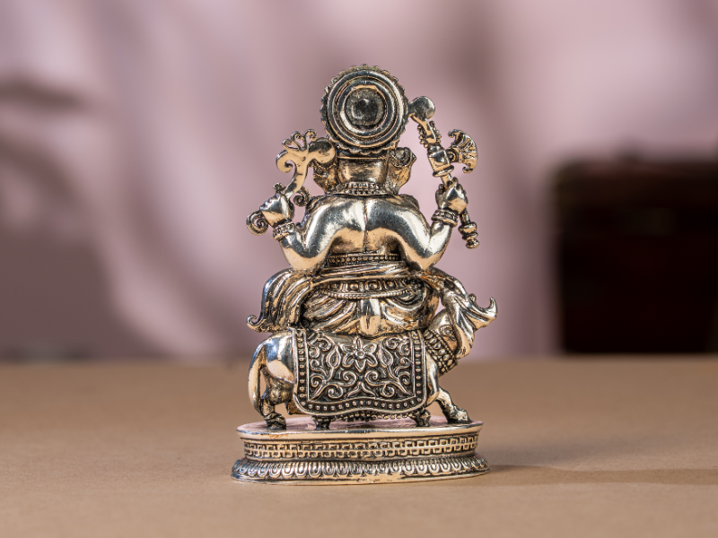Silver Oxidised Brass Ganesh Idol sitting with Mushak. Medium Statue