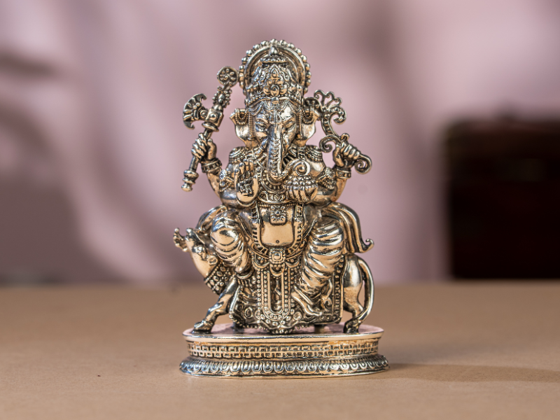 Silver Oxidised Brass Ganesh Idol sitting with Mushak. Medium Statue