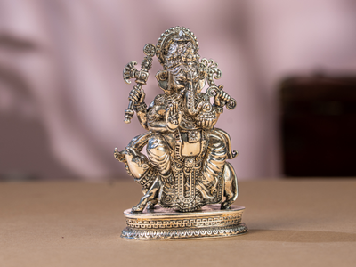 Silver Oxidised Brass Ganesh Idol sitting with Mushak. Medium Statue
