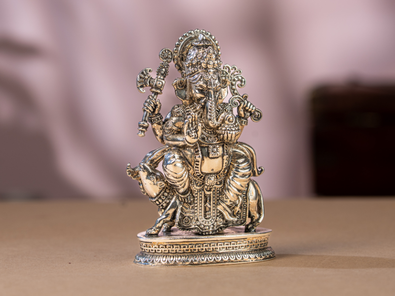 Silver Oxidised Brass Ganesh Idol sitting with Mushak. Medium Statue
