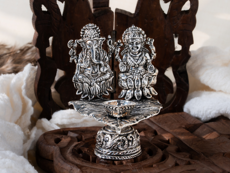 Silver oxidised Brass Lakshmi with Ganesh Diya on Asvaththa Patra with Hand Metal Carving. Medium Diya