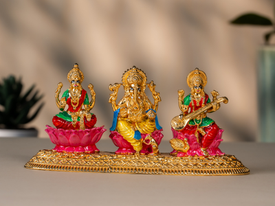 Handmade Enamel gold plated Brass Lakshmi Ganesh Saraswati Showpiece. Medium Statue