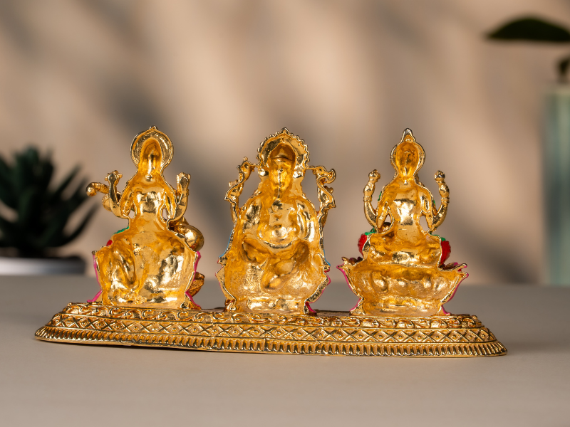 Handmade Enamel gold plated Brass Lakshmi Ganesh Saraswati Showpiece. Medium Statue