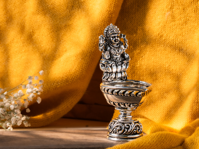 Silver oxidised Brass Lakshmi Diya. Medium Diya