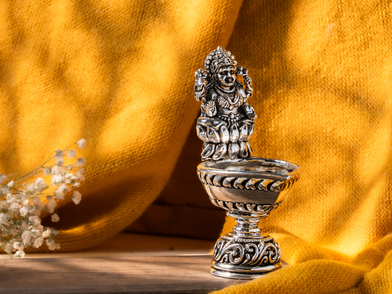 Silver oxidised Brass Lakshmi Diya. Medium Diya