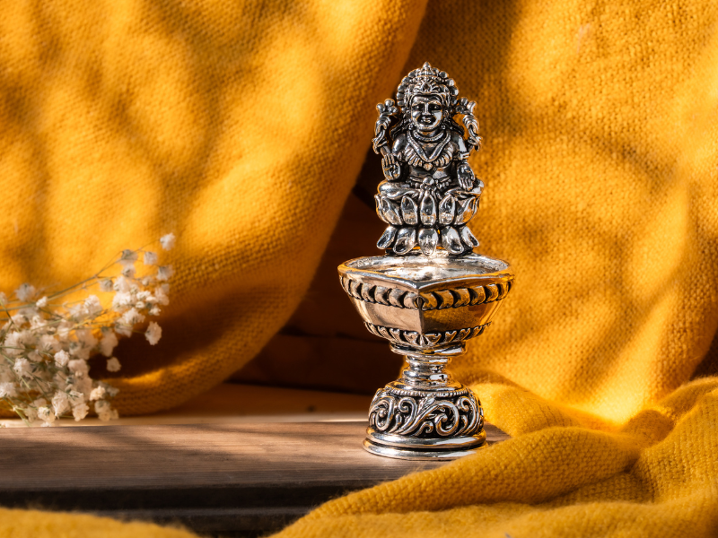 Silver oxidised Brass Lakshmi Diya. Medium Diya